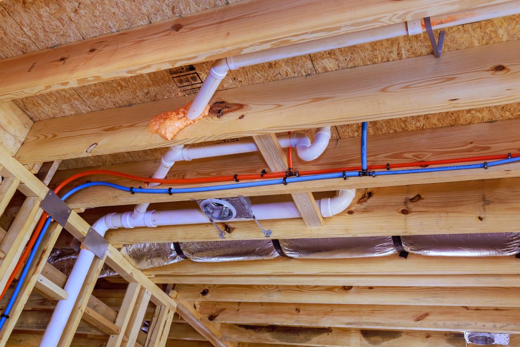 Plumbing system installation with pvc plastic drain pipe