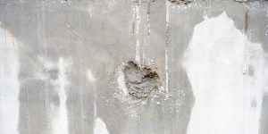 Water stains and peeling plaster damage on a concrete wall, revealing signs of a hidden plumbing leak inside the home.
