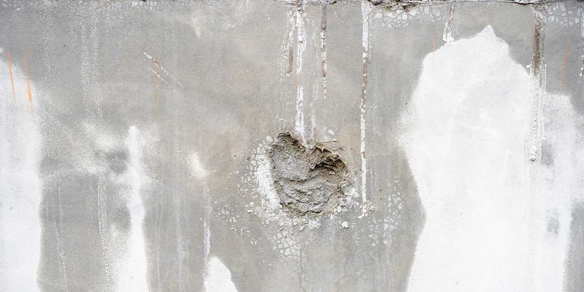 Water stains and peeling plaster damage on a concrete wall, revealing signs of a hidden plumbing leak inside the home.