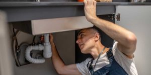 Professional plumber inspecting sink pipes under a vanity, highlighting how often residential plumbing should be inspected in Richmond, VA.