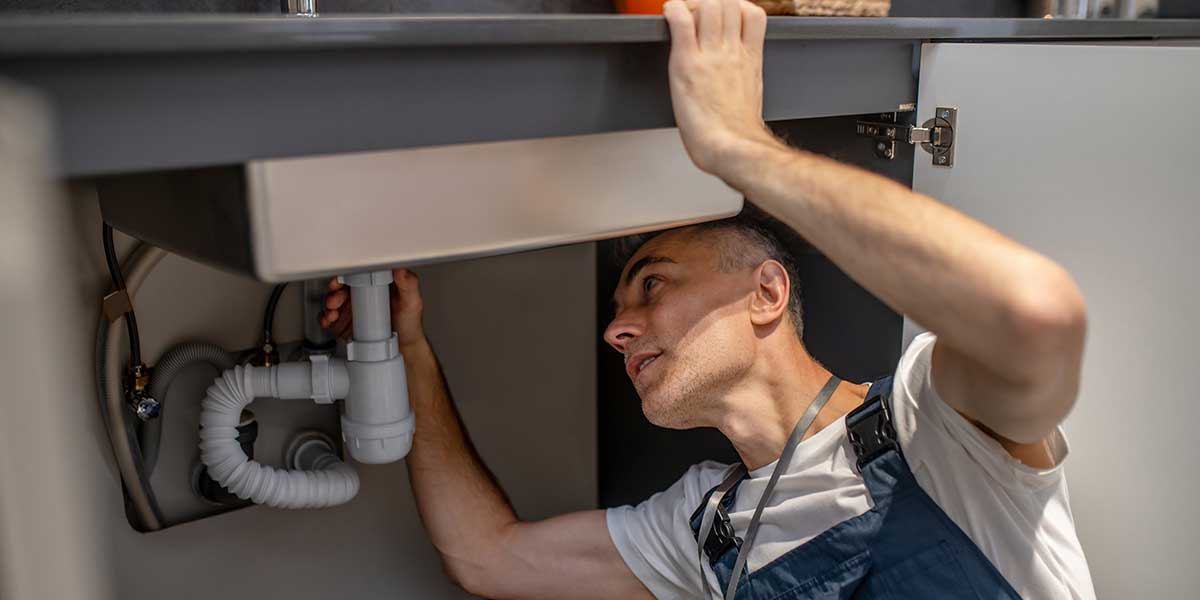 Professional plumber inspecting sink pipes under a vanity, highlighting how often residential plumbing should be inspected in Richmond, VA.